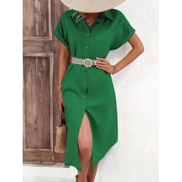 Kadın Kısa Kollu Yakalı Düğme Detay Midi Dokuma Elbise