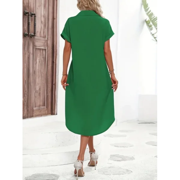 Kadın Kısa Kollu Yakalı Düğme Detay Midi Dokuma Elbise