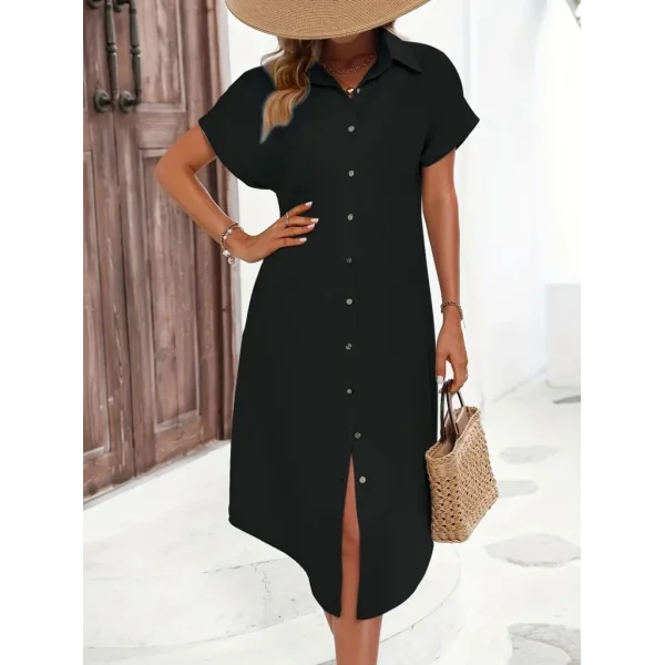 Kadın Kısa Kollu Yakalı Düğme Detay Midi Dokuma Elbise