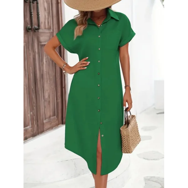 Kadın Kısa Kollu Yakalı Düğme Detay Midi Dokuma Elbise