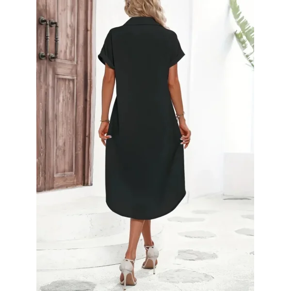 Kadın Kısa Kollu Yakalı Düğme Detay Midi Dokuma Elbise