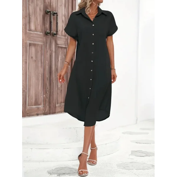 Kadın Kısa Kollu Yakalı Düğme Detay Midi Dokuma Elbise