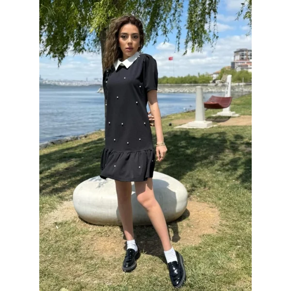 Kadın Kısa Kollu Yakalı Inci Detaylı Kısa Ithal Krep Elbise