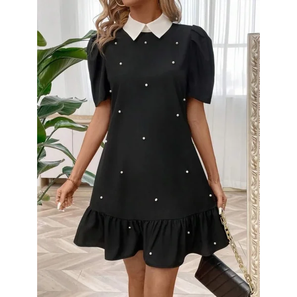 Kadın Kısa Kollu Yakalı Inci Detaylı Kısa Ithal Krep Elbise