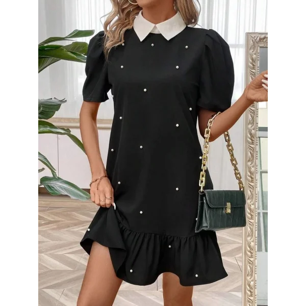 Kadın Kısa Kollu Yakalı Inci Detaylı Kısa Ithal Krep Elbise