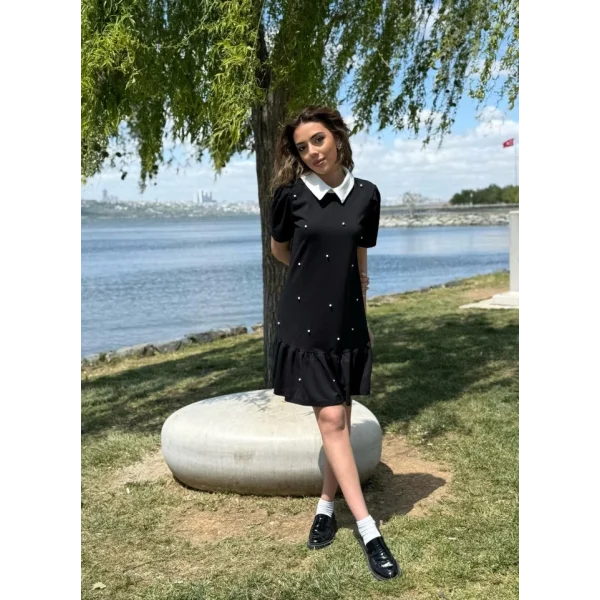 Kadın Kısa Kollu Yakalı Inci Detaylı Kısa Ithal Krep Elbise