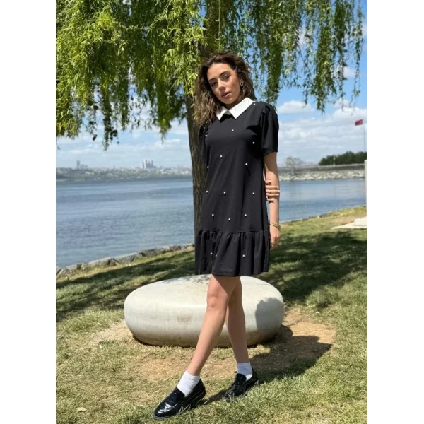 Kadın Kısa Kollu Yakalı Inci Detaylı Kısa Ithal Krep Elbise