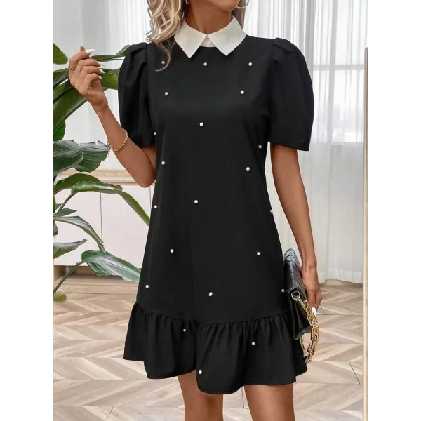 Kadın Kısa Kollu Yakalı Inci Detaylı Kısa Ithal Krep Elbise