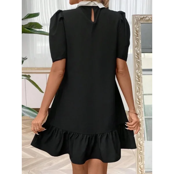 Kadın Kısa Kollu Yakalı Inci Detaylı Kısa Ithal Krep Elbise