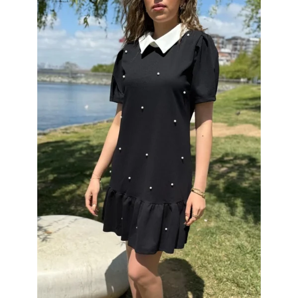 Kadın Kısa Kollu Yakalı Inci Detaylı Kısa Ithal Krep Elbise