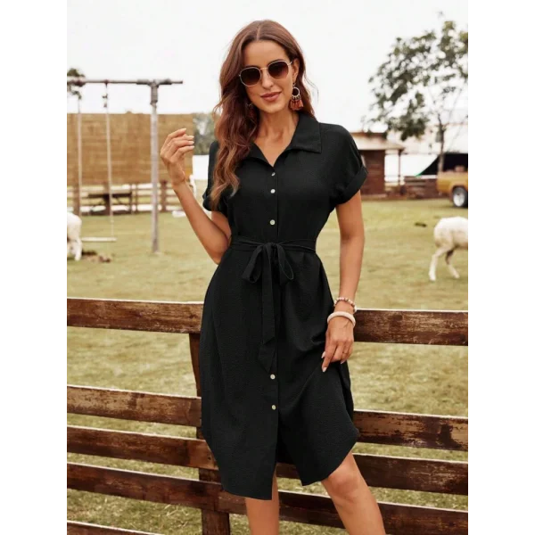 Kadın Kısa Kollu Yakalı önden Düğmeli Beli Kuşaklı Bürümcük Elbise