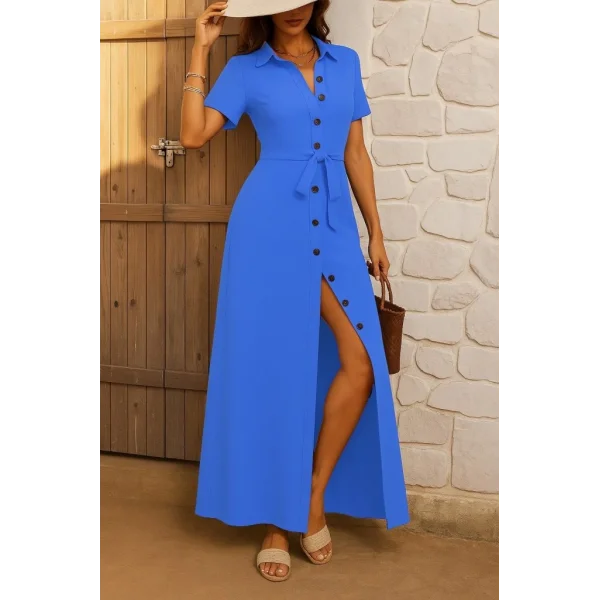 Kadın Kısa Kollu Yakalı önden Düğmeli Beli Kuşaklı Ithal Keten Elbise