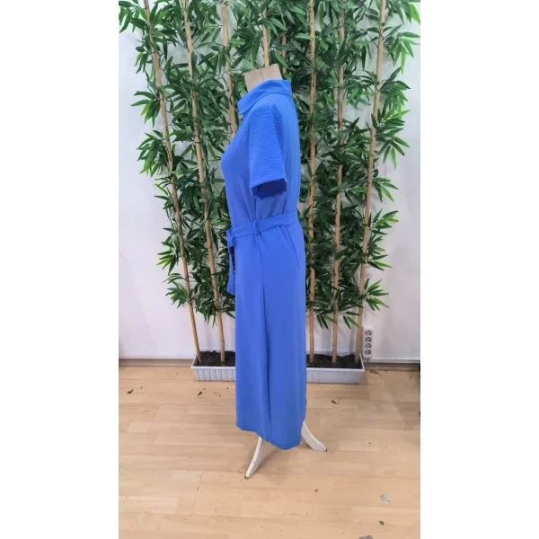 Kadın Kısa Kollu Yakalı önden Düğmeli Beli Kuşaklı Ithal Keten Elbise