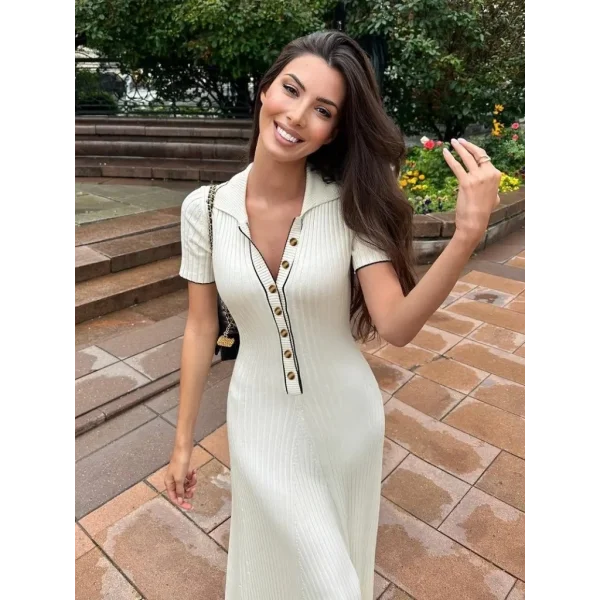 Kadın Kısa Kollu Yakalı önden Düğmeli Maxi Triko Elbise