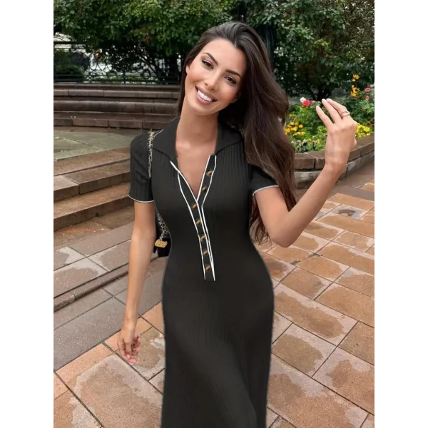 Kadın Kısa Kollu Yakalı önden Düğmeli Maxi Triko Elbise