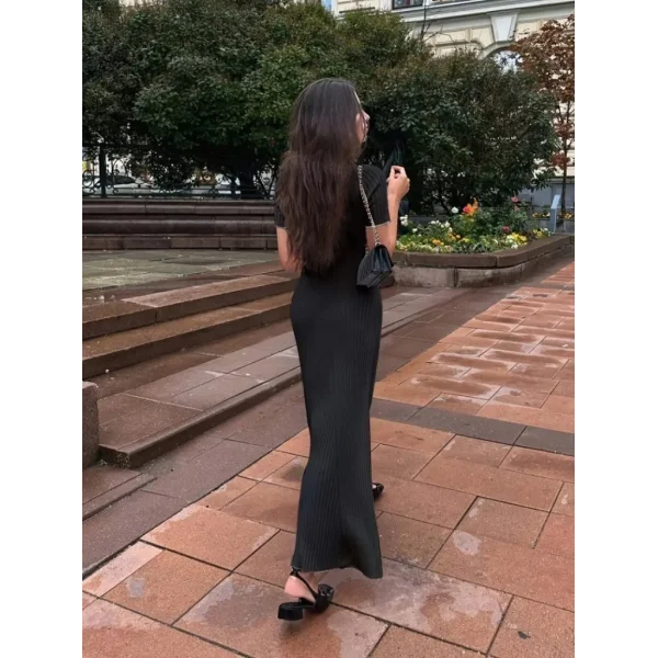 Kadın Kısa Kollu Yakalı önden Düğmeli Maxi Triko Elbise