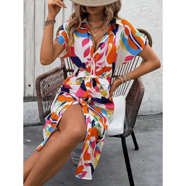 Kadın Kısa Kollu Yakalı önü Düğmeli önden Drapeli Desenli Süprem Elbise