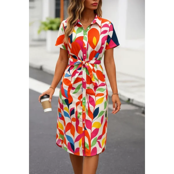 Kadın Kısa Kollu Yakalı önü Düğmeli önden Drapeli Desenli Süprem Elbise