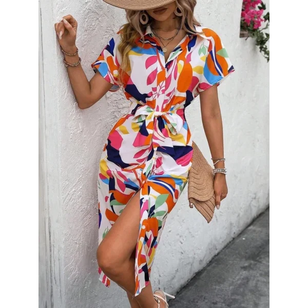 Kadın Kısa Kollu Yakalı önü Düğmeli önden Drapeli Desenli Süprem Elbise