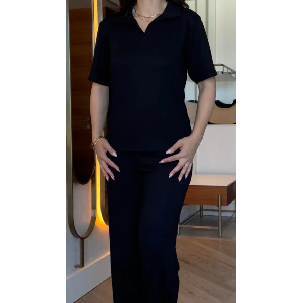 Kadın Kısa Kollu Yakalı Viskon Iki Iplik Bluz Ve Pantolon Ikili Takım