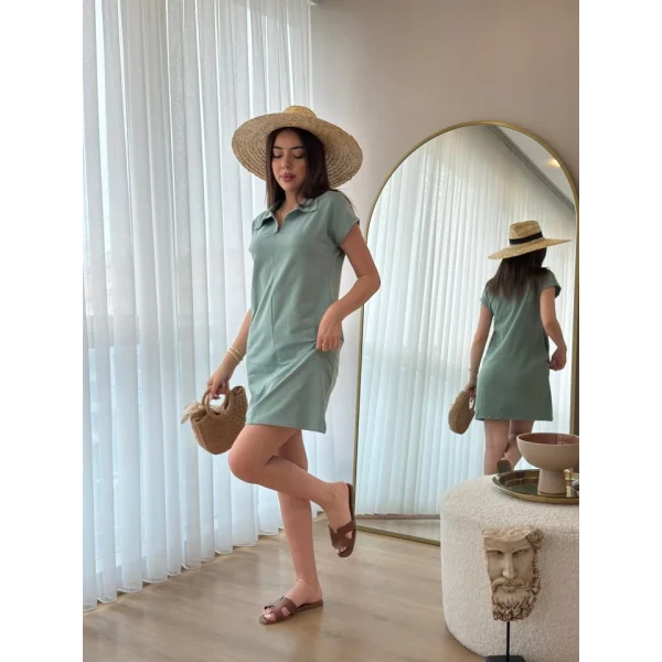 Kadın Kısa Kollu Yakalı Viskon Iki Iplik Elbise