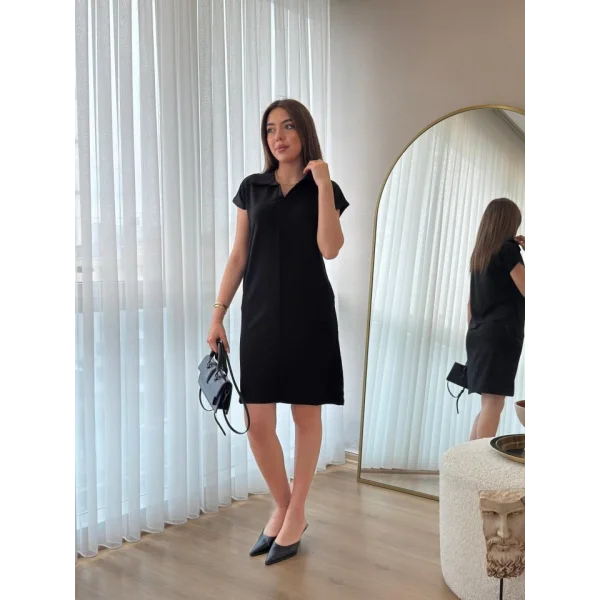 Kadın Kısa Kollu Yakalı Viskon Iki Iplik Elbise