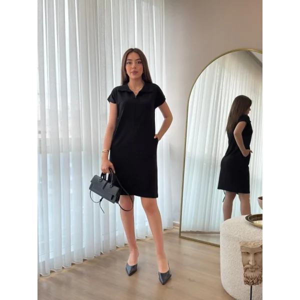 Kadın Kısa Kollu Yakalı Viskon Iki Iplik Elbise