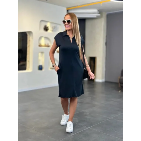 Kadın Kısa Kollu Yakalı Viskon Iki Iplik Elbise