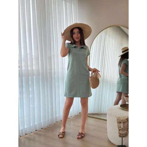 Kadın Kısa Kollu Yakalı Viskon Iki Iplik Elbise