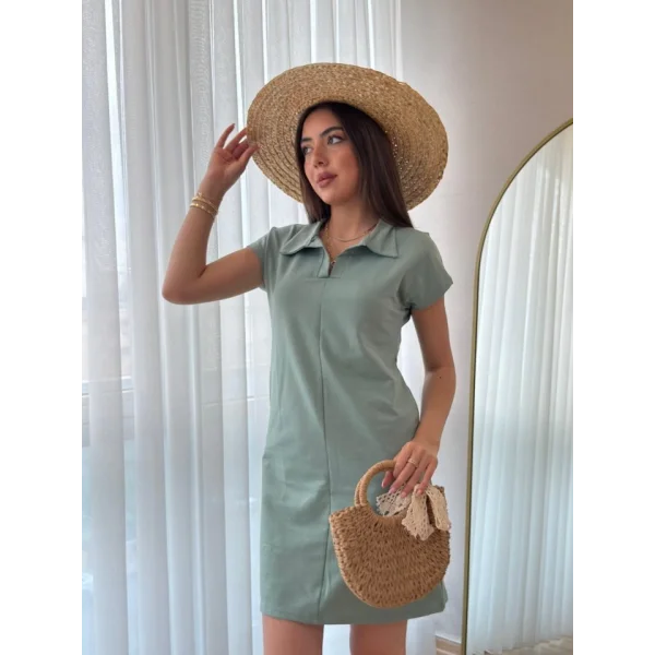 Kadın Kısa Kollu Yakalı Viskon Iki Iplik Elbise