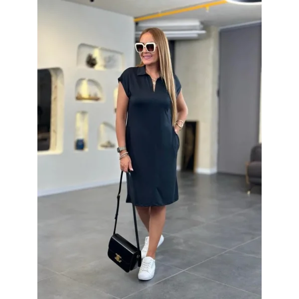 Kadın Kısa Kollu Yakalı Viskon Iki Iplik Elbise