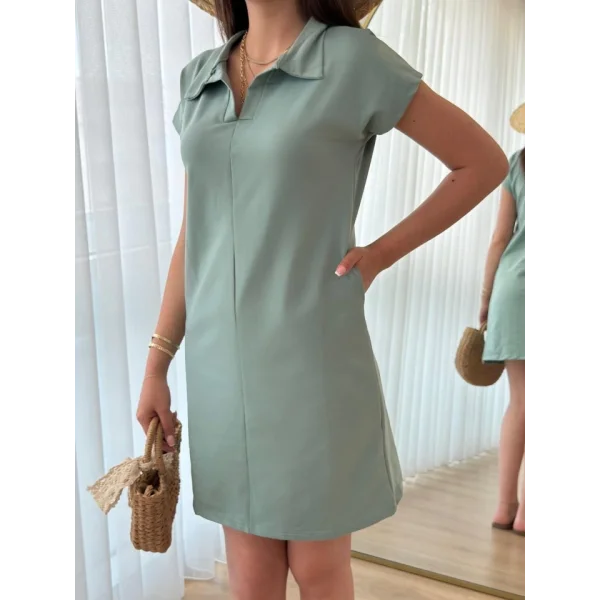 Kadın Kısa Kollu Yakalı Viskon Iki Iplik Elbise