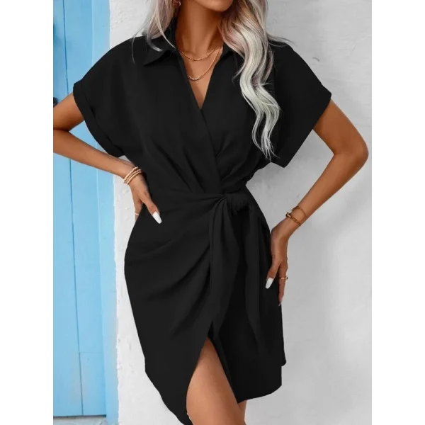 Kadın Kısa Kollu Yakalı Yandan Bağlamalı Dokuma Elbise