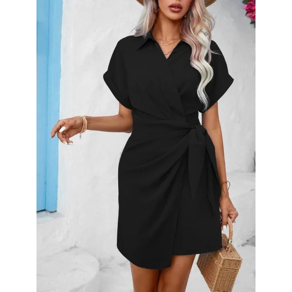 Kadın Kısa Kollu Yakalı Yandan Bağlamalı Dokuma Elbise