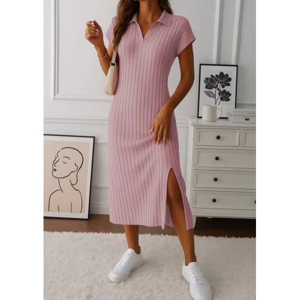 Kadın Kısa Kollu Yakalı Yandan Yırtmaçlı Kalın Fitilli Kaşkorse Elbise