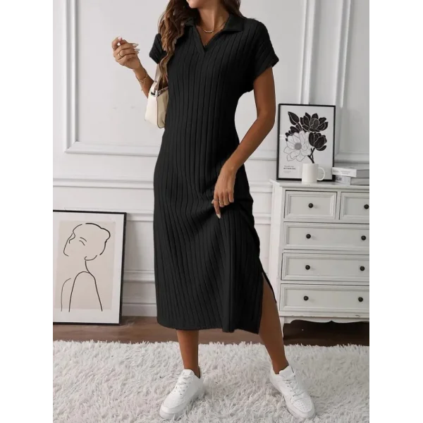 Kadın Kısa Kollu Yakalı Yandan Yırtmaçlı Kalın Fitilli Kaşkorse Elbise