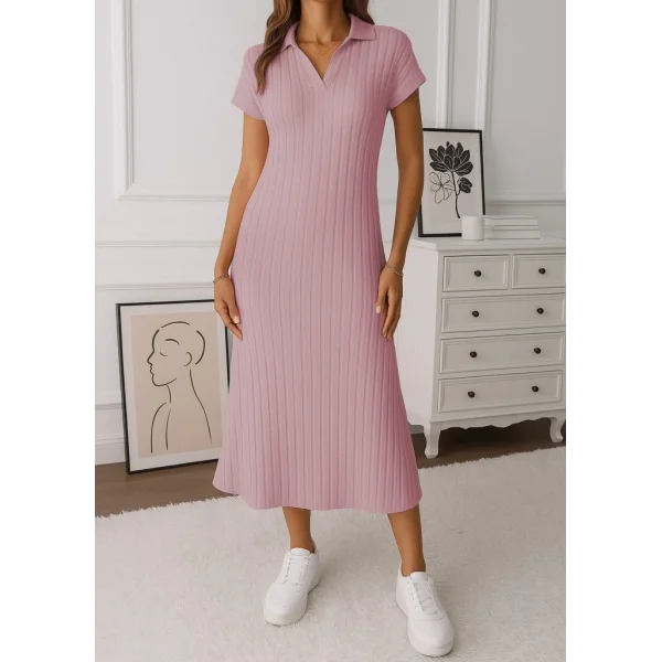 Kadın Kısa Kollu Yakalı Yandan Yırtmaçlı Kalın Fitilli Kaşkorse Elbise