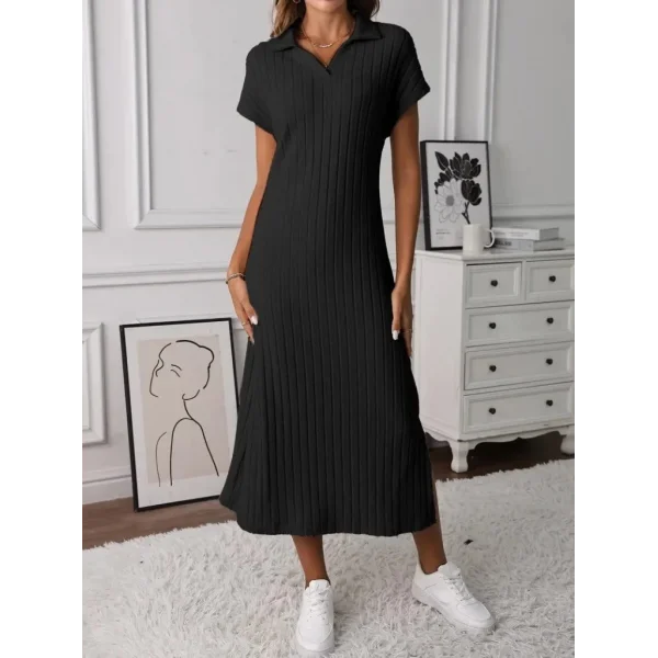 Kadın Kısa Kollu Yakalı Yandan Yırtmaçlı Kalın Fitilli Kaşkorse Elbise