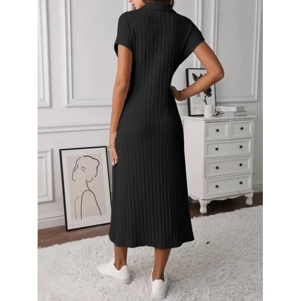 Kadın Kısa Kollu Yakalı Yandan Yırtmaçlı Kalın Fitilli Kaşkorse Elbise