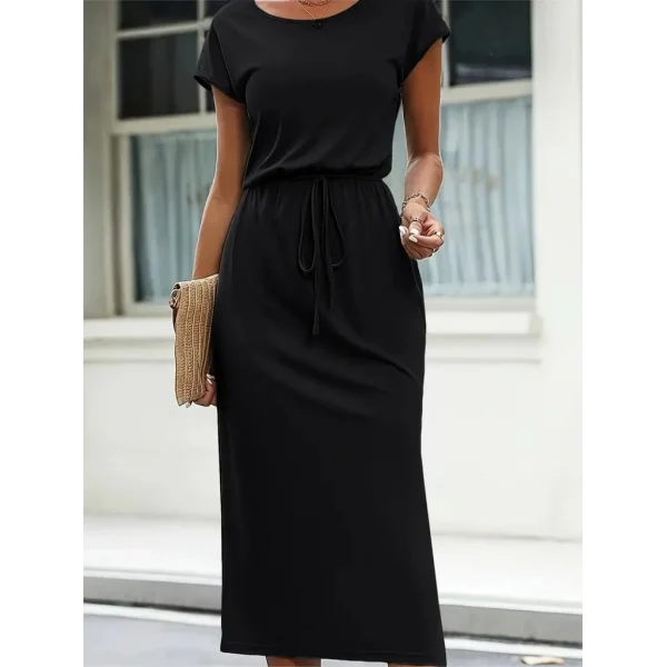 Kadın Kısa Kollu Yakası Açık Belden Kuşaklı Yandan Yırtmaçlı Midi Viskon Elbise