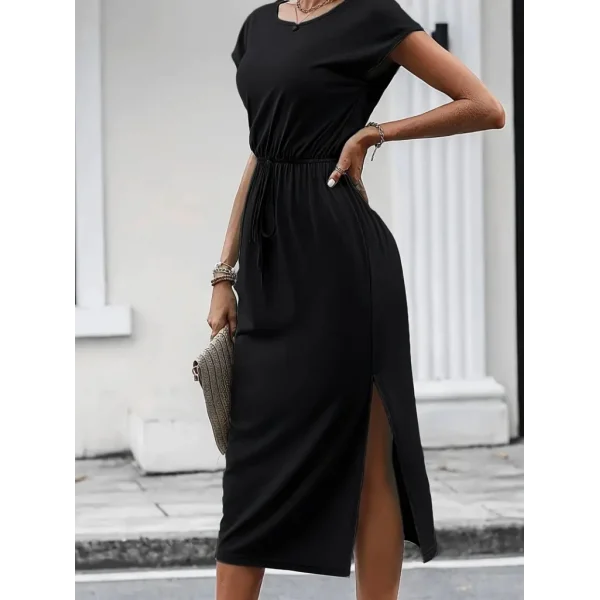 Kadın Kısa Kollu Yakası Açık Belden Kuşaklı Yandan Yırtmaçlı Midi Viskon Elbise