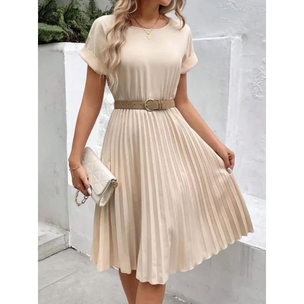 Kadın Kısa Kollu Yakası Açık Belden Lastikli Pileli Kısa Ithal Krep Elbise