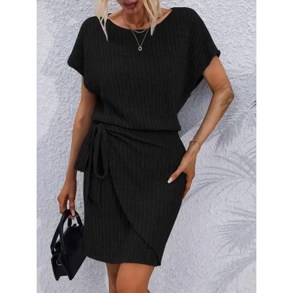 Kadın Kısa Kollu Yakası Açık Belden Lastikli Yandan Bağlamalı Kalın Fitilli Kaşkorse Elbise