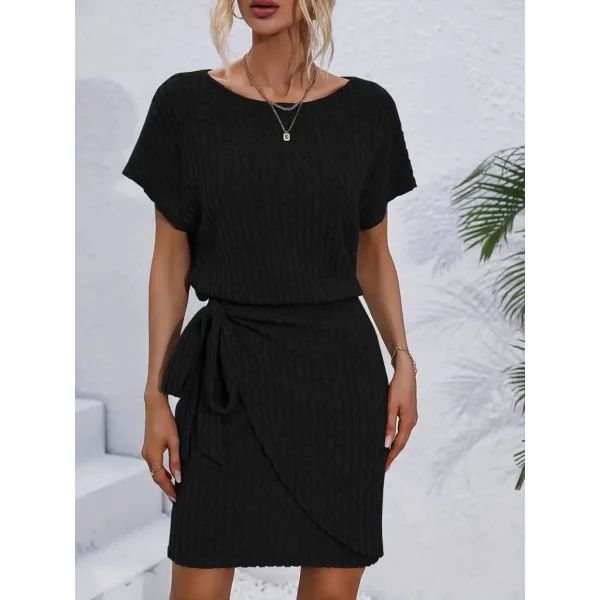 Kadın Kısa Kollu Yakası Açık Belden Lastikli Yandan Bağlamalı Kalın Fitilli Kaşkorse Elbise