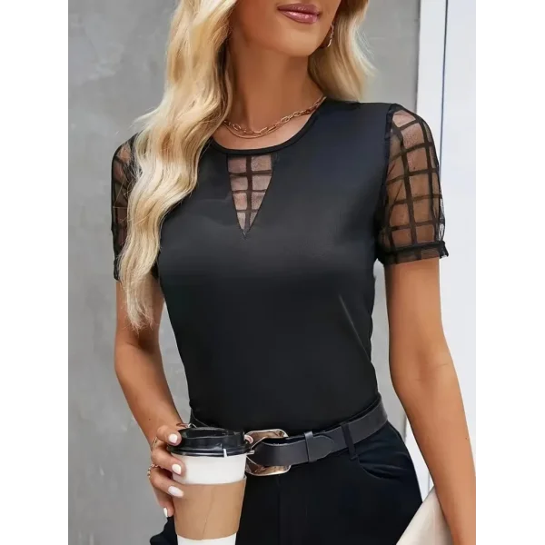 Kadın Kısa Kollu Yakası Açık Damla Ağ Tül Detaylı Viskon Bluz