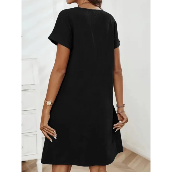 Kadın Kısa Kollu Yakası Açık Fermuarlı Cep Detaylı Ithal Keten Elbise