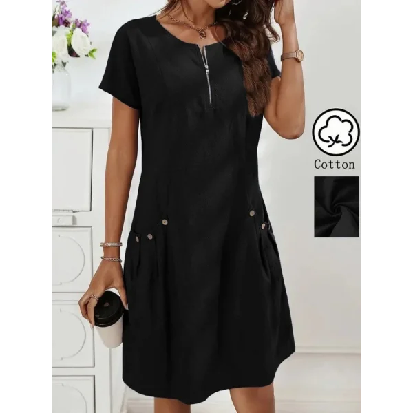 Kadın Kısa Kollu Yakası Açık Fermuarlı Cep Detaylı Ithal Keten Elbise