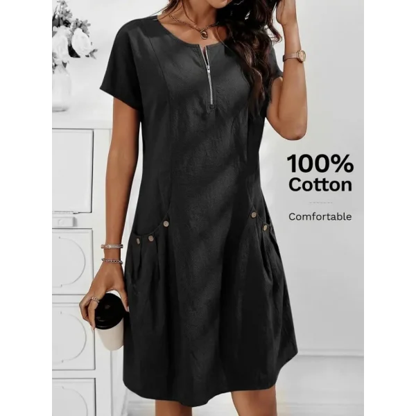 Kadın Kısa Kollu Yakası Açık Fermuarlı Cep Detaylı Ithal Keten Elbise