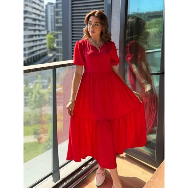 Kadın Kısa Kollu Yakası Açık Katlı Bürümcük Balon Elbise