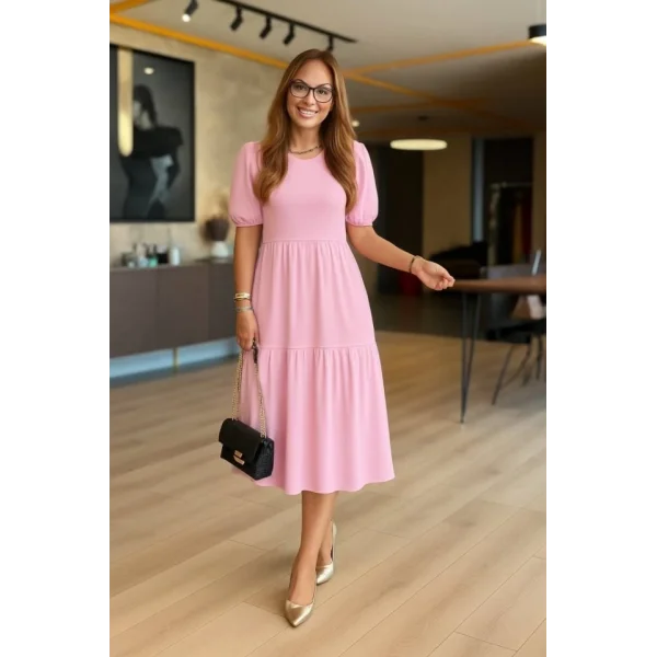 Kadın Kısa Kollu Yakası Açık Katlı Bürümcük Balon Elbise